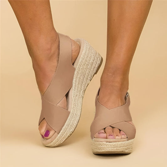 Women's cross-strap wedge sandals with back strap