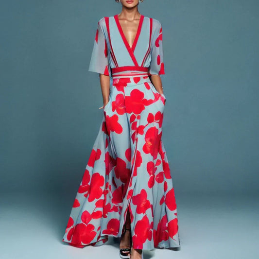 Women's patterned maxi dress with V-neck and short sleeves