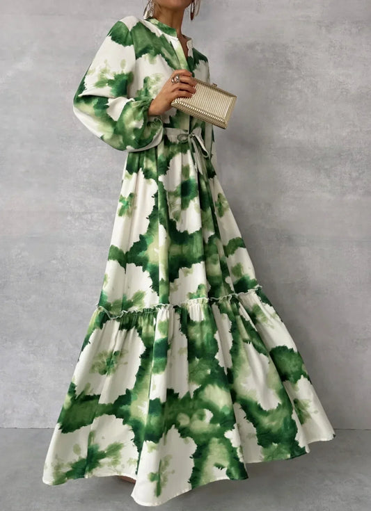 Women's long printed dress with flared sleeves